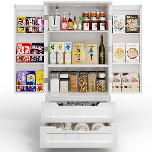 Gizoon 47" White Kitchen Pantry Storage Cabinet with Doors, Shelves, and Drawers for Organised Living - WoodArtSupply