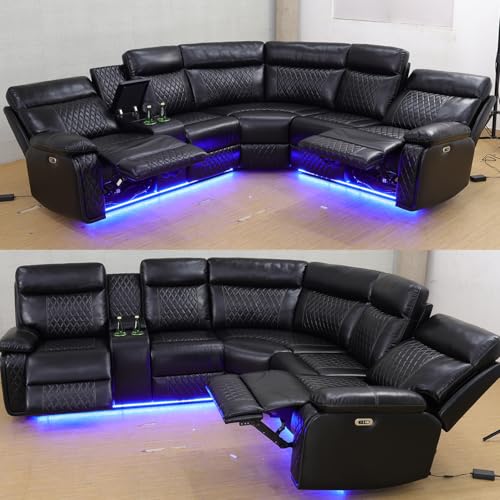 SIENWIEY Power Recliner Sectional Couch for Living Room,Leather Reclining Sectional Sofa with LED Lights, L Shpaed Corner Leather Couch with Storage Console&Cup Holders&USB Charging,Black