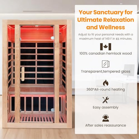 2 Person Infrared Sauna with Red Light Therapy, 1760W 120V Low EMF with Control Pane Home Indoor Dry Sauna Room for Gym & Spa, Made from Canadian Hemlock IWOODHOME