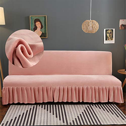 GIANCO FERRO Armless Velvet Pink Futon Cover with Ruffle Skirt higly Stretch Futon Sofa Bed Cover No Arm Stain Resistant Machine Washable Large GIANCO FERRO