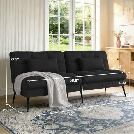 COMHOMA 72″Futon Sofa Bed,Modern Convertible Sleeper Sofa, Fabric Futon Couch with Multi-Position Backrest for Living Room Furniture (Black) COMHOMA