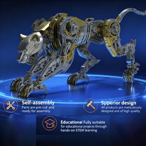 3D Metal Puzzle for Adults, 506Pcs Steampunk Mechanical Leopard Model Kits to Build, DIY Creative Art Desktop Ornament for Home Office Decor (Gold)