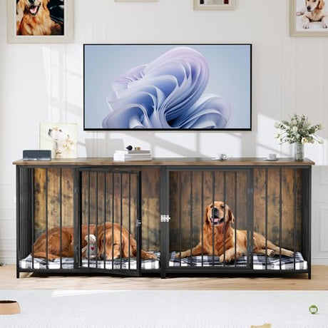 DWVO Double Dog Kennel Furniture, 80.2" Dog Cage Furniture with Divider, Double Dog Crate TV Stand for 2 Medium Dogs, Brown DWVO