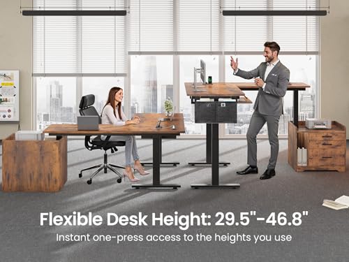 SEDETA L Shaped Electric Standing Desk with File Cabinet, 63 x 53'' Height Adjustable Home Office Computer Desk with 3 Drawers, Power Outlet, Stand up Gaming Table with Led Lights, Rustic Brown SEDETA