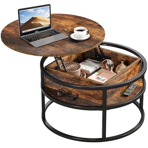DWVO Coffee Tables for Living Room, Round Coffee Table, Lift Top Coffee Table with Storage and Hidden Compartment, Rustic Coffee Table, Small Circle Coffee Table,Wood Center Table, Rustic Brown DWVO