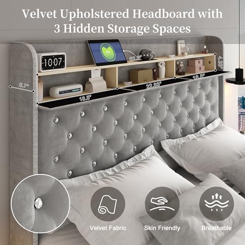 Queen Led Bed Frame with Galaxy Aurora Star Projector, Queen Platform Bed with Charging Station, 52" Upholstered Hidden Storage Headboard with Wingback, Noise Free, No Box Spring Needed, Velvet Gray SIBEDS
