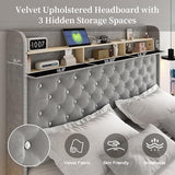 Queen Led Bed Frame with Galaxy Aurora Star Projector, Queen Platform Bed with Charging Station, 52" Upholstered Hidden Storage Headboard with Wingback, Noise Free, No Box Spring Needed, Velvet Gray SIBEDS