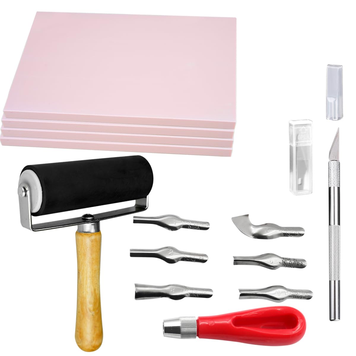 4 Pcs Rubber Carving Linoleum Blocks Rubber Block Stamp Carving Blocks with Brayer Cutter Tools for Printmaking, Printing and Stamp Soft Rubber More Crafts PKEAFC