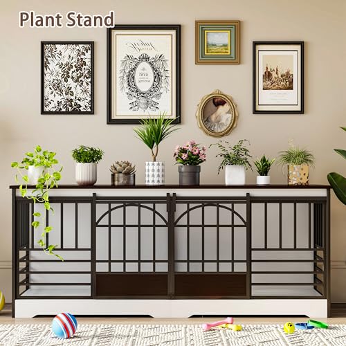 COZPAW 78 Inch Double Dog Crate Furniture, Extra Large Dog Kennel Indoor for 2 Dogs, Heavy Duty Dog Cage with Divider, Wooden Dog House Decorative Table TV Stand for XLarge Dogs (White&Brown) COZPAW