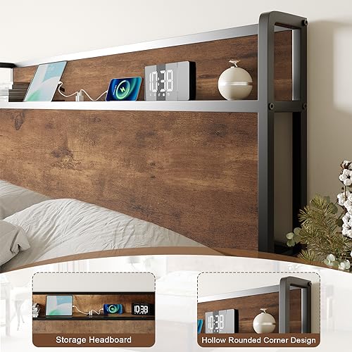 AMERLIFE Queen Size Lift Up Storage Bed Frame with Charging Station in Rustic Brown - WoodArtSupply