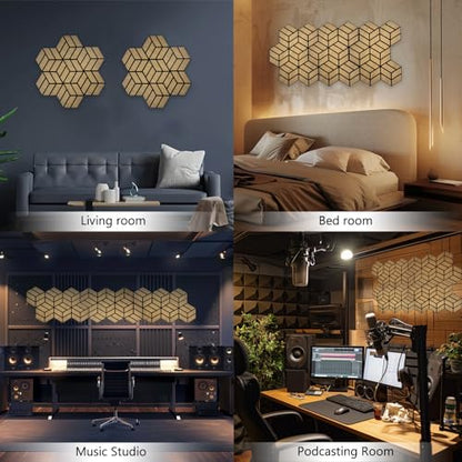 12 Pack Hexagon Acoustic Wood Wall Panels, Sound Proof Foam Panels, High-Density Wood Veneer Tiles for Interior Wall Decor, Recording Studio&Office, 10x9x0.4 Inch - WoodArtSupply