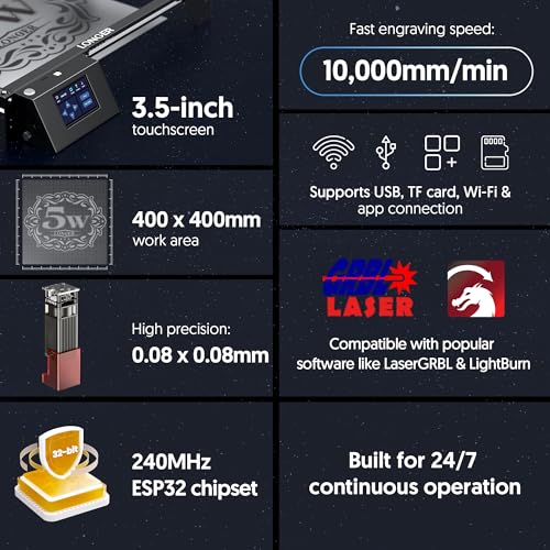 LONGER Laser Engraver Ray5 5000mW Engraver Machine with Air Assist Kit DIY CNC Laser Cutter Tool for Metal Glass Wood Working Area 15.7 "x15.7" with 4-in-1 Rotary Roller Kit Longer