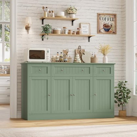 HITHOS 55" Sideboard Buffet Cabinet with Storage, Modern Kitchen Buffet Storage Cabinet with Drawers, Wood Coffee Bar with Adjustable Shelves, Large Sideboard for Kitchen, Living Room, Green HITHOS