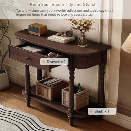 Amposei Small Curved Console Table 36-Inch Retro Farmhouse Wood Entry Sofa Table with Drawer & Storage Shelf for Living Room Hallway Entryway Furniture, Espresso Amposei