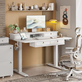 TIQLAB 55 * 28 Inch Standing Desk with Four Drawers, Electric Sit Stand Table, Stand Up Desk Adjustable Height with Storage Shelf, Splice Board, White TIQLAB
