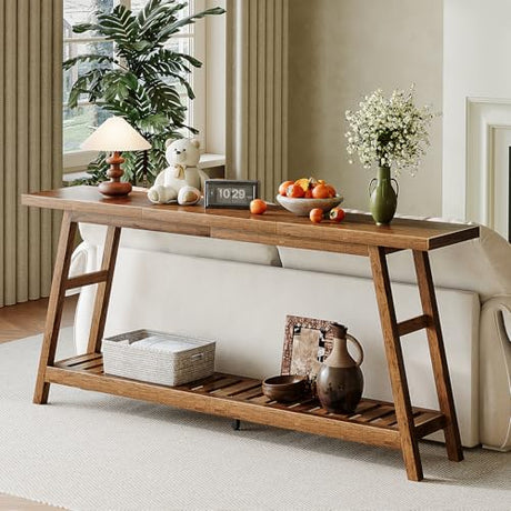 ChooChoo 70.9 Inch Long Console Tables for Entryway, Wood 2-Tier Entry Hallway Table, Narrow Sofa Table Behind Couch Table for Living Room, Entrance, Walnut ChooChoo