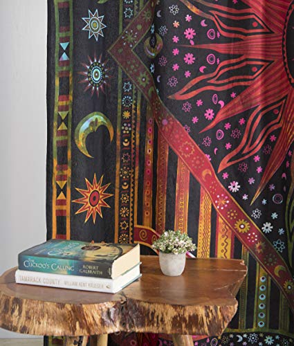 Popular Handicrafts Indian Burning Sun Moon Hippie Mandala Window Curtains for Doorways Closets - Gypsy Tye Dye Bohemian Beautiful Drapery Bedroom Livingroom Divider Balcony Valance Panels Golden Popular Handicrafts