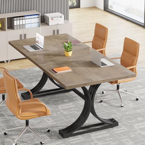 Tribesigns 10.5FT Conference Table, Modern Meeting Table for 8-10 People, Rectangle Seminar Boardroom Table for Office Conference Room (2, Gray+Black) - WoodArtSupply