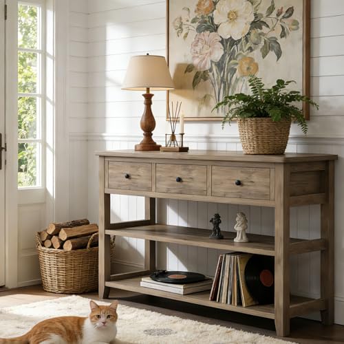 Karl home Console Table Entryway Desk, Sofa Side Table with 3 Drawers 2 Bottom Storage Shelves, Vintage TV Stand for Hallway Living Room Office, Wash Grey 29.9" H Karl home