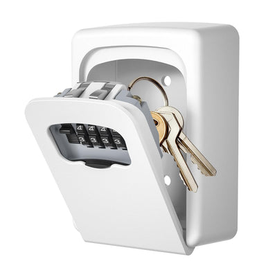 Key Lock Box Wall Mounted, Fayleeko 4 Digit Combination Lockbox for Outside, House Keys - 5 Keys Capacity, Key Safe Security Storage Lock Box for Indoor, Outdoor, Garage, Garden, Store (White, 1Pack)