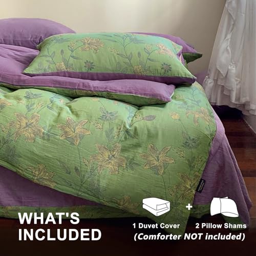 VM VOUGEMARKET Green Duvet Cover Set Full,Lily Flower Jacquard Duvet Cover with 2 Pillowcases 3Pcs Yarn-Dyed Linen Cotton Green Purple Bedding Set for Teens Girls Without Comforter-80 x90 VM VOUGEMARKET