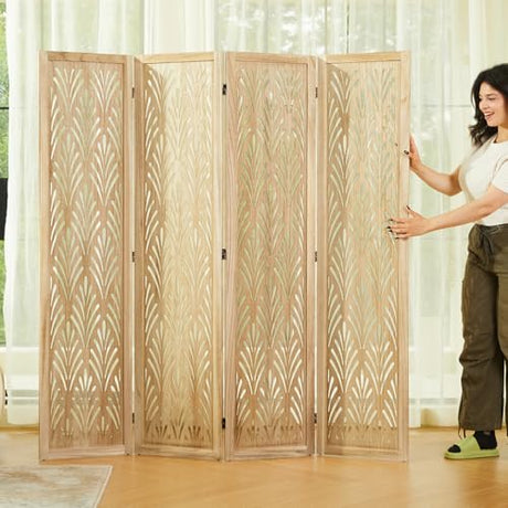 5.6Ft Room Divider Folding Wood Simple Carved Partition Screen for Home Office Garden - 4 Panels (Natural) Svimi