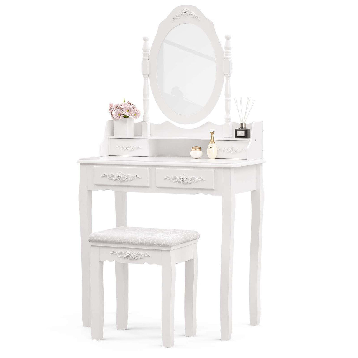 Altillo Makeup Vanity Table Set, Makeup Table and Stool with Oval Mirror & 4 Storage Drawers, Wooden Dressing Desk Table Furniture Set for Women Girls Altillo