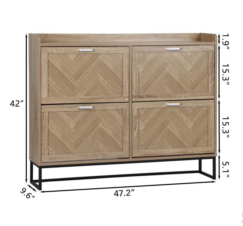 MISHAO Shoe Storage Cabinet with 4 Flip Drawers, Narrow Hidden Shoe Cabinet with Metal Legs & Adjustable Shelf, Freestanding Slim Shoe Rack Organizer for Entryway, Natural MISHAO