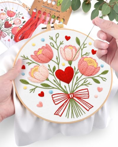 ERKOON Embroidery Kit for Beginners Adult, Flower Cross Stitch Set Include Embroidery Cloth Hoops Threads for Craft Lover Hand Stitch with Embroidery Skill Techniques (Bouquet) ERKOON