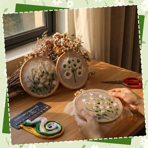 Ovveroche 3 Sets Embroidery Kit for Beginners, Flower Cross Stitch Kits for Adults, Starter, Hand Craft Lover Practice with Floral Stamped Pattern White