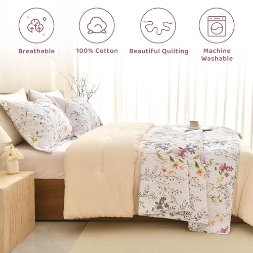 Sanracie 100% Cotton Quilt King Bedding Set(110"x98")-Floral Quilted Bedspreads Set,3pcs Yellow Wild Flower Botanical Printed Pattern Quilt Bedding Coverlet Summer Soft Lightweight Aesthetic Bedding Sanracie