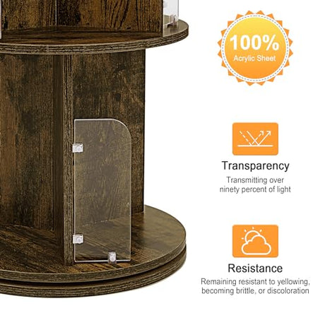 VECELO 4 Tier Revolving Bookshelf Tower, 360° Display Floor Standing Storage Rack with Acrylic Visible Window Partition for Bedroom, Living Room Home and Office, Brown VECELO