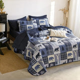 Wake In Cloud - Rustic Quilt Set, Cabin Lodge Christmas Bear Moose Deer Wildlife Western Patchwork Country, Reversible Lightweight Bedspread Coverlet, 3 Pieces, Blue Beige, King Size Wake In Cloud