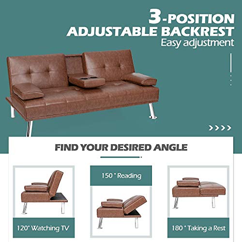 ARLIME Convertible Futon Sofa Bed, Faux Leather Sofa Sleeper W/Adjustable Backrest, Folding Cup Holder, Removable Armrests, Steel Leg, Modern Style Sofa Bed for Livingroom, Office, Apartment (Brown) ARLIME
