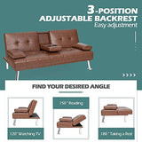 ARLIME Convertible Futon Sofa Bed, Faux Leather Sofa Sleeper W/Adjustable Backrest, Folding Cup Holder, Removable Armrests, Steel Leg, Modern Style Sofa Bed for Livingroom, Office, Apartment (Brown) ARLIME