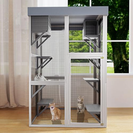 Outdoor Wooden Catio Cat House,Large Cat Enclosure with 6 Platforms,2 Napping Houses & Removable Waterproof Roof,Solid Wood Playpen Cage for Multiple Cats,Secure & Walk-in Design,70.5" H Gray GDFStudio