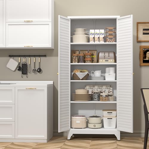 SteeLoong Kitchen Pantry Cabinet,75" Metal Storage Cabinet with Doors and 4 Adjustable Shelves,White Tall Locker Organizer Steel Garage Cabinets for Tool,File Cabinet for Office,Kitchen,Garage,School SteeLoong