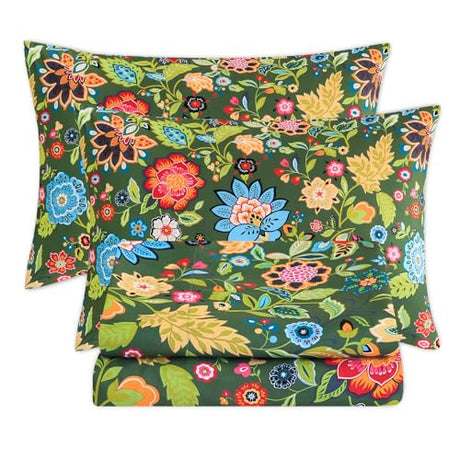 Bedlifes Full Sheet Set Ultra Soft, Breathable, Silky Flower Deep Pocket 100% Microfiber Bedding, 4 Piece Full Size with Floral Dark Green Bedlifes