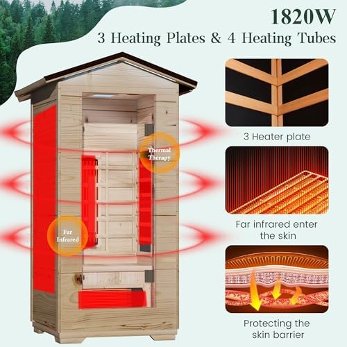 BNEHS Outdoor Infrared Sauna,1 Person Home Sauna with Rapid Warm-Up Heating Tubes & Panels,Wooden Sauna Spa Room with Chromotherapy Lamp,110V BNEHS