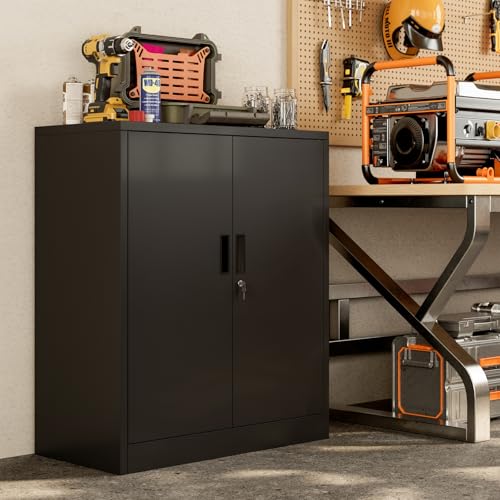 BESFUR Metal Garage Storage Cabinet with 2 Locking Doors and 2 Adjustable Shelves, 36" Black Metal Short Storage Cabinet for Home Office,Garage,School,Utility Room BESFUR