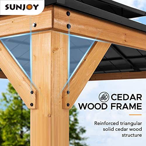 Sunjoy 11 x 13 ft. Wood Gazebo Cedar Framed Gaezbos with Black Double Steel Hardtop Roof for Garden, Backyard Shade, Matte Black Roof + Natural Wood Frame - WoodArtSupply