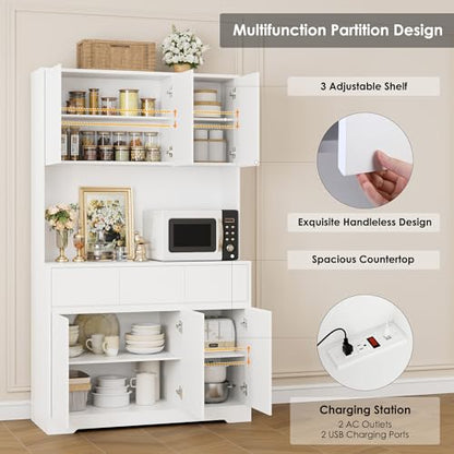 finetones 71'' Tall Kitchen Pantry Storage Cabinet with Power Outlets and Led Lights, Large Kitchen Hutch Buffet Cabinet with Microwave Stand, Pantry Cabinet Kitchen Cabinet with Buffet Cupbo - WoodArtSupply