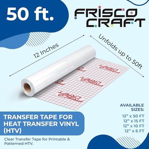 Frisco Craft Heat Transfer Vinyl Transfer Tape - Clear Iron-On Tape for Printable, Patterned HTV & Adhesive for Large & Small Projects, Heat Press, Reusable up to 5 Times, High Tack (12" x 50 ft) Frisco Craft