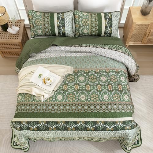 Yiran King Size Quilt, Olive Green Spring Summer Bedspread Bedding Set, 3 Pieces Bohemia Coverlet with 2 Pillow Shams for All Season 110x90 Inch
