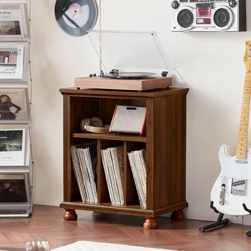 Joaxswe Record Player Stand with Vinyl Record Storage, 24" Wide Mid-Century Record Player Table Up to 200 Albums,Large Wood Turntable Stand Cabinet Dispaly Shelf for Living Room,Bedroom,Brown Joaxswe