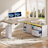 YITAHOME L Shaped Standing Desk with Power Outlets & LED Lights, 63" Farmhouse Electric Standing Desk Adjustable Height Sit Stand Corner Stand Desks with Drawers & Sliding Door, Grey Wash YITAHOME
