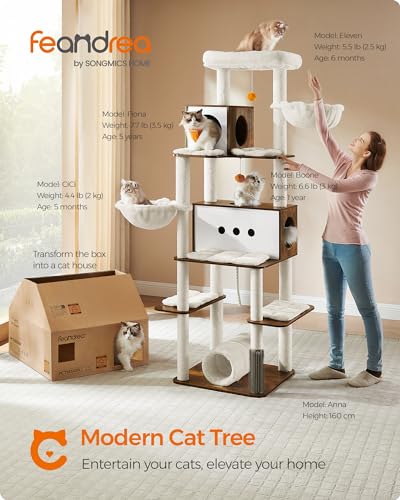 Feandrea Cat Tree, 77.5-Inch Tall Modern Cat Tower, Multi-Level Cat Condo with 2 Caves, 2 Baskets, 4 Scratching Posts, Self-Groomer, Tunnel, Perch, for Indoor Cats, Rustic Brown UPCT193X01 Feandrea