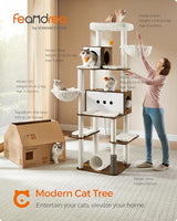 Feandrea Cat Tree, 77.5-Inch Tall Modern Cat Tower, Multi-Level Cat Condo with 2 Caves, 2 Baskets, 4 Scratching Posts, Self-Groomer, Tunnel, Perch, for Indoor Cats, Rustic Brown UPCT193X01 Feandrea