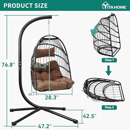 YITAHOME Hanging Egg Swing Chair Outdoor Wicker Hammock Chairs Indoor with Steel Stand UV Resistant Cushion 350lbs for Patio, Bedroom, Garden and Balcony, Brown - WoodArtSupply