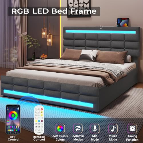 ADORNEVE Dark Grey Queen LED Bed Frame with 4 Drawers & USB Charging Station - WoodArtSupply